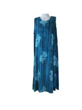 Hilo Hattie Hawaiian Dress Maxi Size L ? Blue Leaves Sheath MuuMuu